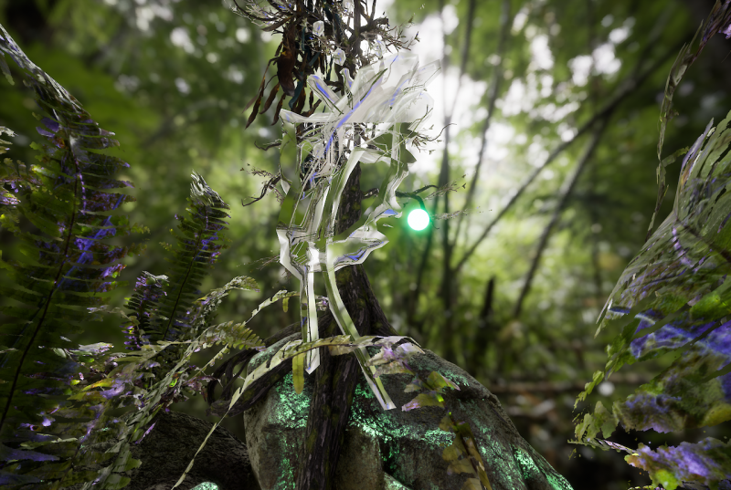 Jakob Kudsk Steensen, RE-ANIMATED, 2017. 2D cinematic video and VR (still visualisation of the extinct Kauaʻi ʻōʻōbird’s call). Courtesy the artist.